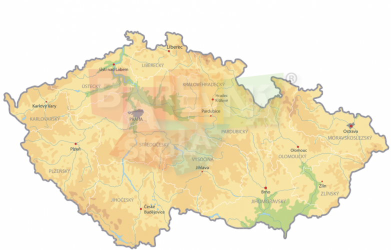 Nástěnná mapa České republiky - geografická - Rozměry: 210 x 120, S feromagnetickým povrchem: ANO