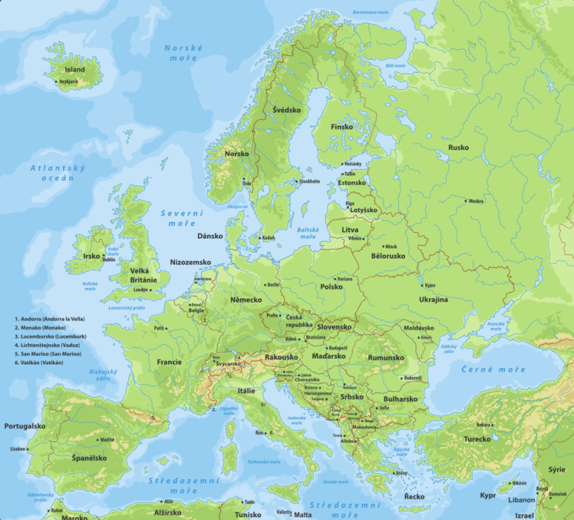 Nástěnná mapa Evropy - zeměpisná