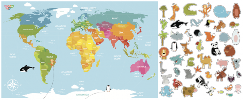 Nástěnná magnetická popisovatelná mapa se zvířátky